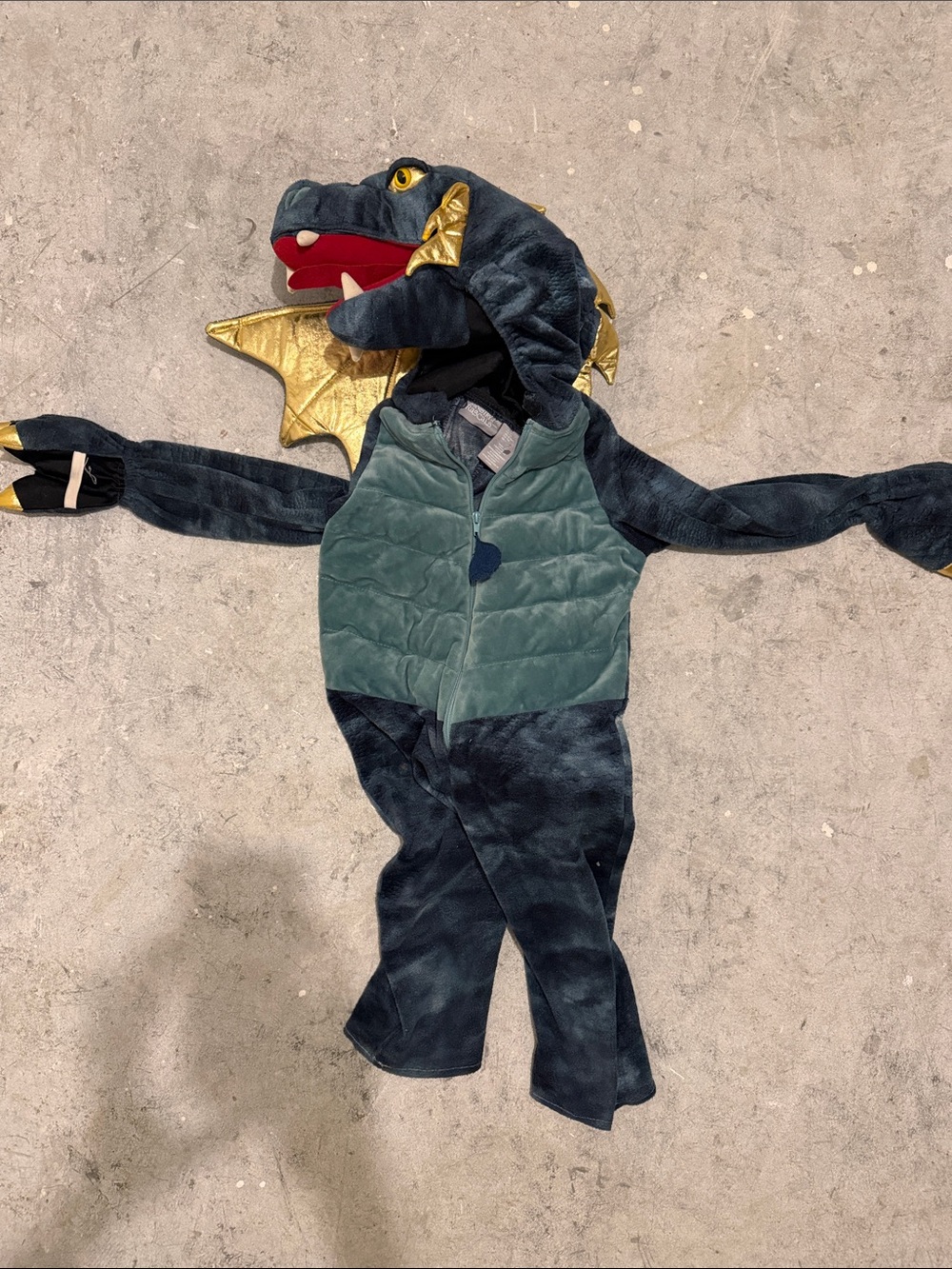 Kids Green and Gold Dragon Costume Plush Hooded Jumpsuit